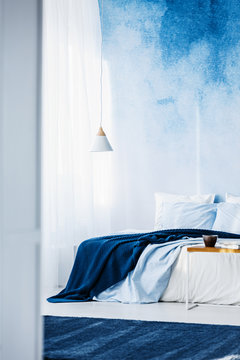White lamp above bed with navy blue blanket in bedroom interior with ombre wall