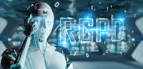 White cyborg woman using digital GDPR interface 3D rendering