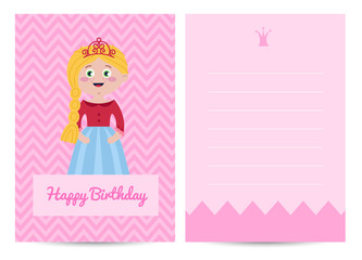 Happy birthday kids postcard with beautiful princess in tiara on pink background. Fairytale medieval greeting card, holiday congratulation template, children event celebration vector illustration.