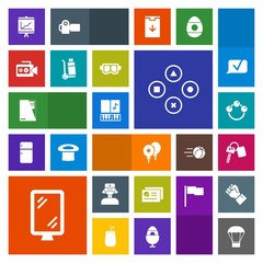 Modern, simple, colorful vector icon set with truck, game, musical, child, document, balloon, decoration, computer, baby, music, fun, key, report, medical, equipment, graph, celebration, sound icons