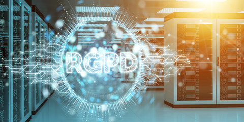 Digital GDPR interface in server room 3D rendering