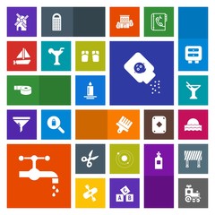 Modern, simple, colorful vector icon set with glass, faucet, toy, fire, sun, office, space, mill, tap, brush, juice, bottle, drink, adhesive, light, system, drawing, electricity, sunset, tape icons