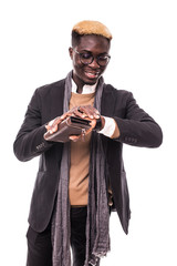 Young african man in suit look at time at hand watches isolated on white background