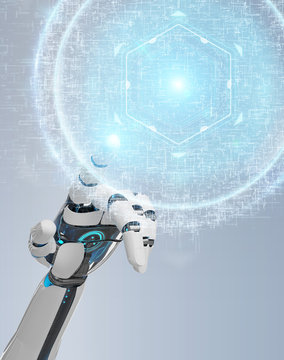 White robot hand using digital sphere connection hologram 3D rendering