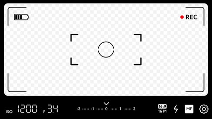 Modern camera focusing screen with exposure, zoom zone and options. Realistic template of smart phone camera viewfinder grid with many shooting settings on transparent background vector illustration.