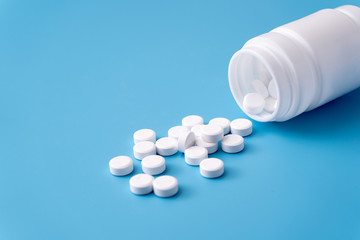 medicine  pills on blue background Copy space for text Assorted pharmaceutical Healthy Eating, Lifestyle