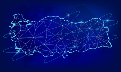 Global logistics network concept. Communications network map of the Turkey on the world background.  Map Turkey with nodes in polygonal style. Vector illustration EPS10