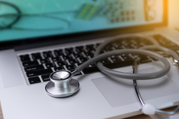stethoscope on laptop Doctor working in hospital Healthcare and medical concept test