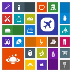 Modern, simple, colorful vector icon set with water, fork, girl, planet, home, chair, pants, clothing, paddle, knife, high, airplane, business, cake, lock, service, food, interior, beauty, sack icons