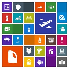 Modern, simple, colorful vector icon set with female, home, box, hotel, drink, food, glass, holiday, clock, airplane, red, gift, furniture, room, celebration, service, video, flight, drill, bed icons