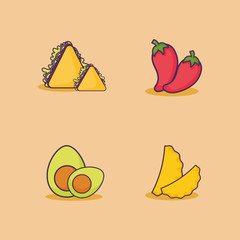 icon set of mexican food related icons over orange background, colorful design. vector illustration