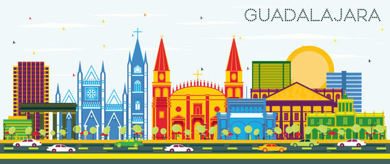 Guadalajara Mexico Skyline with Color Buildings and Blue Sky.
