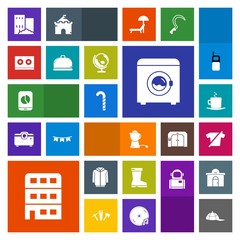 Modern, simple, colorful vector icon set with real, house, global, cafe, tea, building, map, jacket, casette, machine, leather, music, chart, teapot, headwear, restaurant, wash, drink, housework icons