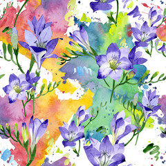 Purple freesia. Seamless background pattern. Fabric wallpaper print texture. Aquarelle wildflower for background, texture, wrapper pattern, frame or border.