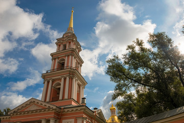 RUSSIA, SAINT PETERSBURG - AUGUST 18, 2017: Belfry (1812) of the Holy Cross Cossack Cathedral