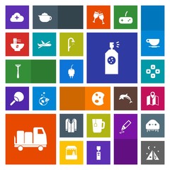 Modern, simple, colorful vector icon set with fashion, paint, sweet, razor, game, drink, food, camp, tent, energy, fun, doughnut, meal, technology, cup, coat, travel, dessert, delivery, flight icons