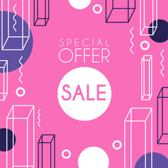 Sale special offer banner template design, seasonal discount, pink advertising poster with geometric shapes