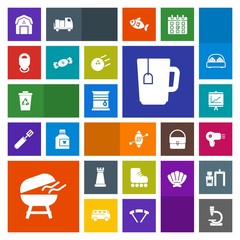 Modern, simple, colorful vector icon set with sport, drink, garbage, piece, curtain, biology, staple, business, meat, window, cup, cooking, farming, recycle, fun, grill, document, strategy, bbq icons