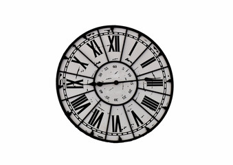 Vintage wall clock is isolated on white background with clipping path, roman numbers are hour and arabic numerals are minute. This time is nine and fourteen minute.