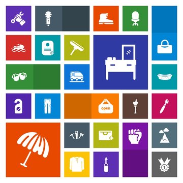 Modern, simple, colorful vector icon set with add, parasol, repair, hotdog, paint, transport, train, store, sale, home, rain, award, furniture, winner, bar, umbrella, foreman, vessel, food, meat icons
