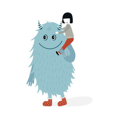 Cute nursery poster with boy and monster. Vector illustration in scandinavian style