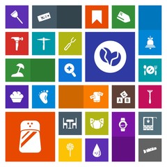 Modern, simple, colorful vector icon set with coffee, infant, music, spice, salt, zoom, phone, cooking, spoon, plate, care, palm, diaper, sea, sound, baby, food, glass, travel, fork, mobile, saw icons