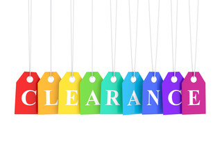 Clearance text on colored hanging labels