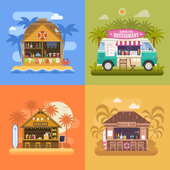 Exotic beach bar set. Summer restaurants on sea coast and food van selling fruit shakes, juice and cocktails. Beach party banners with tropical tiki bar hut, bungalow and ice cream truck.