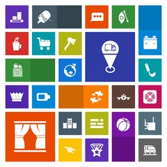 Modern, simple, colorful vector icon set with map, cup, curtain, van, food, transportation, cooking, commerce, location, cart, hot, modern, bed, sea, white, home, battery, air, ladle, sign, fan icons