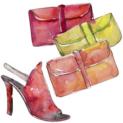 Colorful clutch and shoe sketch fashion glamour illustration in a watercolor style isolated. Clothe accessories set. Aquarelle fashion sketch for background, texture, wrapper pattern, frame or border.
