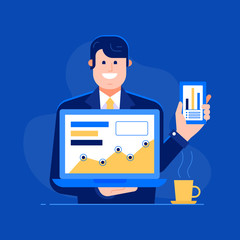 Office manager presenting new features to clients illustration. Successful businessman or office manager showing profit and growing chart on presentation. Grow your business concept.