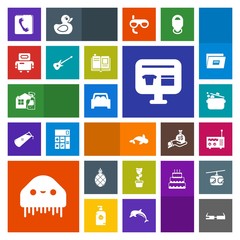 Modern, simple, colorful vector icon set with technology, housework, white, tropical, spray, fish, internet, plant, home, fiction, food, cook, monster, robot, modern, musical, book, kitchen, sea icons