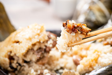 zongzi(rice dumpling) filling close-up shot on a wood table, Dragon Boat Festival, Asian traditional food, Chinese