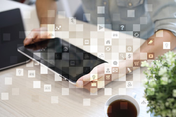 Virtual screen interface with applications icons. APPS. Strategy planning Internet technology concept.