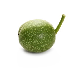 green walnut leaf and nut isolated on white background