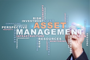 Asset management on the virtual screen. Business concept. Words cloud.