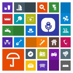 Modern, simple, colorful vector icon set with sound, music, literature, pool, fruit, coffee, equipment, water, compass, book, hair, sign, comb, north, library, map, crane, baseball, leisure, box icons