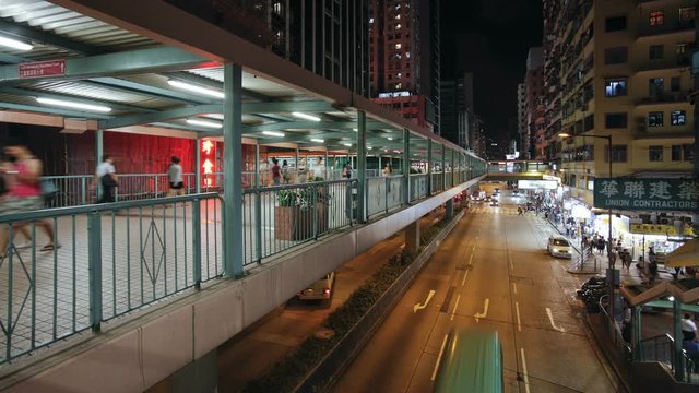 Elevated pedestrain walkway alongside a busy road in Mong Kok district, Kowloon, Hong Kong, China, T/lapse