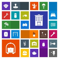 Modern, simple, colorful vector icon set with bathroom, business, wheat, shell, plant, parasol, building, chinese, fireplace, weather, delivery, old, wc, seashell, warm, public, fire, sea, food icons