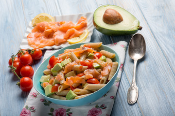 cold pasta with smoked salmo avocados and tomatoes