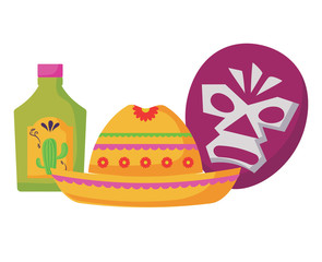 wrestler mask with mexican hat and tequila bottle over white background, colorful design.  vector illustration