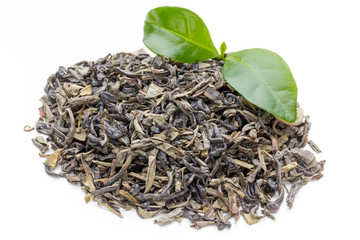 Green tea leaf isolated on white background.