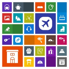 Modern, simple, colorful vector icon set with phone, white, drink, sound, vacation, business, picture, schedule, airplane, speaker, alcohol, book, cake, estate, room, travel, house, time, day icons