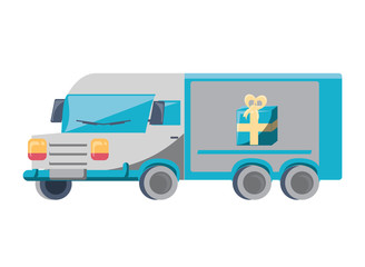 cargo truck with gift box icon over white background, colorful design. vector illustration