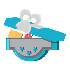 decorative emblem with gift box shape over white background, colorful design. vector illustration