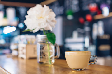 A cup of cappuccino on the bar counter in a cafe