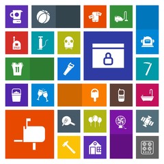 Modern, simple, colorful vector icon set with website, boy, hammer, young, shirt, cooking, birthday, toilet, kitchen, construction, celebration, gas, message, sport, box, cook, web, spanner, pan icons