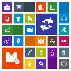 Modern, simple, colorful vector icon set with male, kitchen, construction, briefcase, car, business, clothes, man, wall, glasses, cocktail, gadget, drink, fence, protection, industry, sea, fish icons