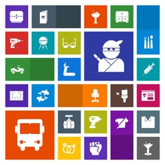 Modern, simple, colorful vector icon set with cable, bus, gym, drawer, hand, transport, machine, transportation, medical, train, drill, grill, alcohol, barbecue, business, bbq, vehicle, chair icons