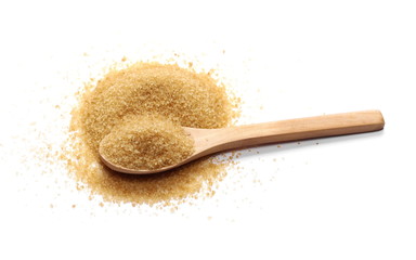 Brown cane sugar pile in wooden spoon isolated on white background, sugarcane texture